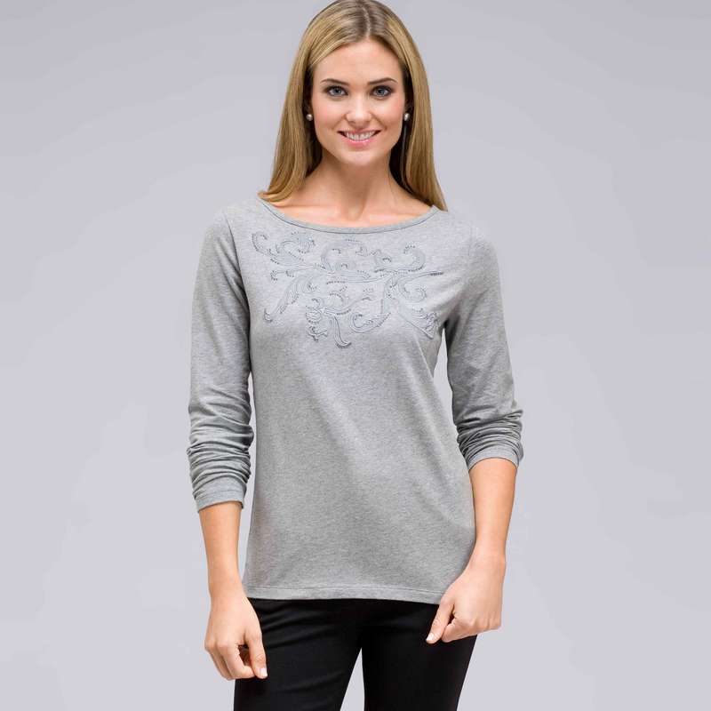 Long Sleeve Embellished Boat Neck Top, Grey Heather, large image number 0